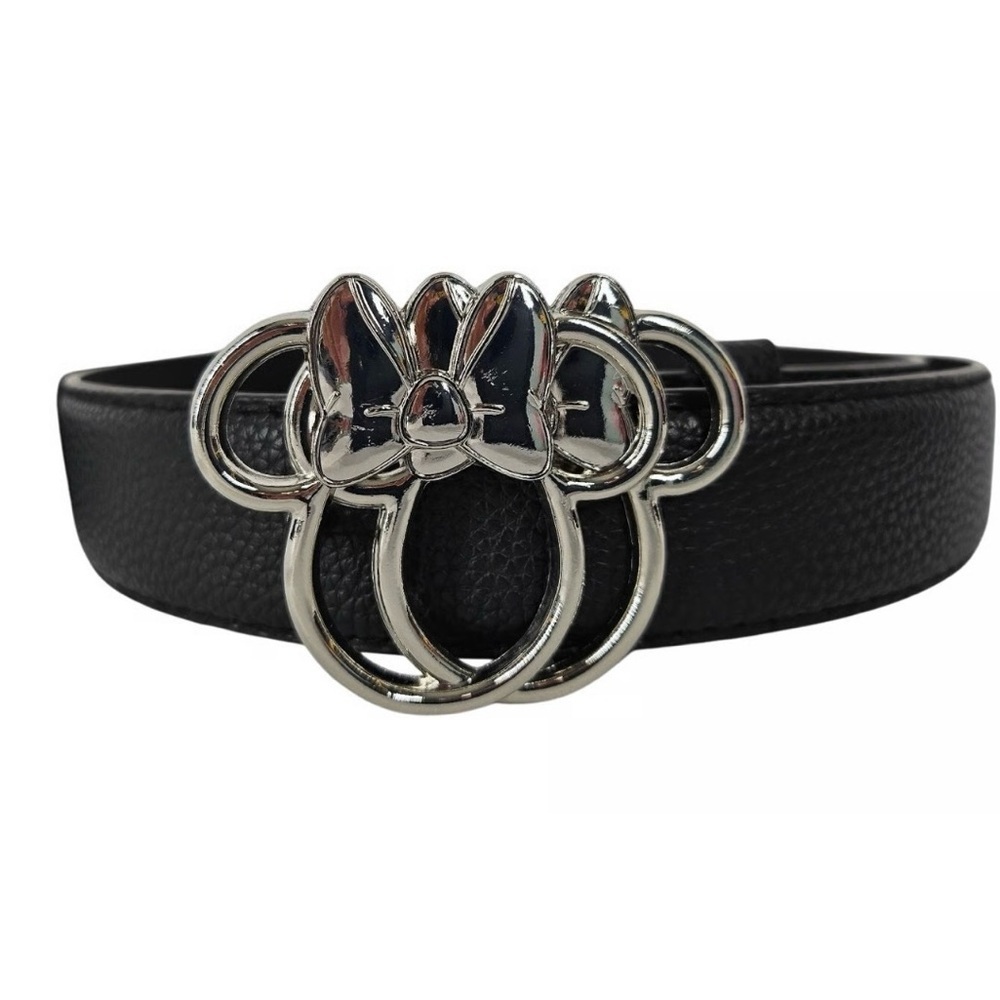 Disney Minnie Mouse Silver Tone Icon Buckle Black Pebbled Faux Leather Belt NEW